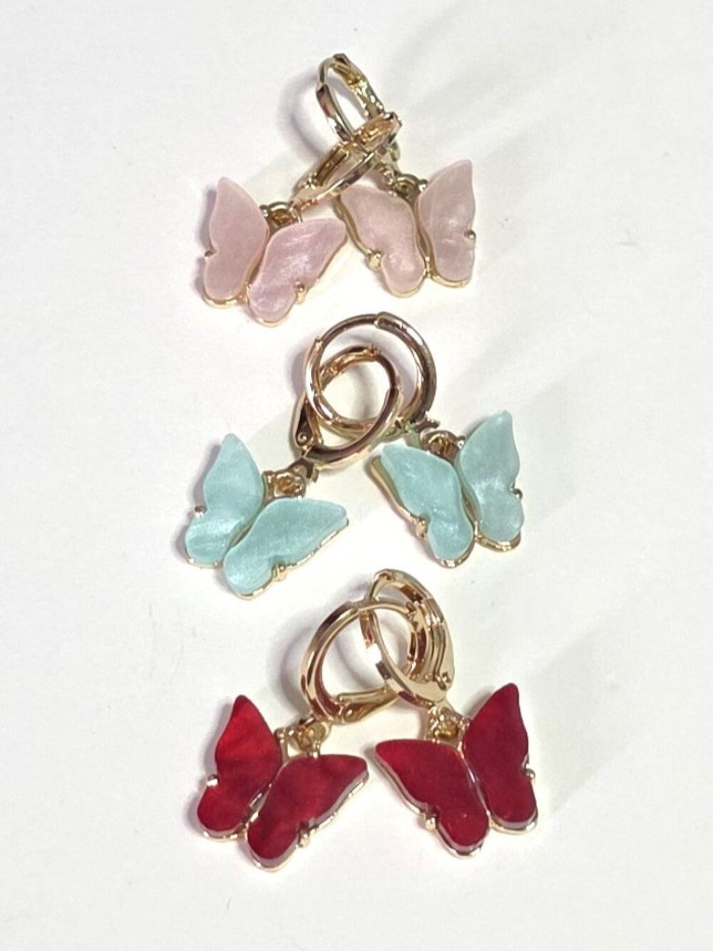 Gold plated butterfly earrings - pink, red, aqua